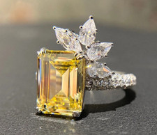 Canary Yellow Emerald Cut 8.CT Citrine  Sparkle White CZ 935 Silver Floral Ring