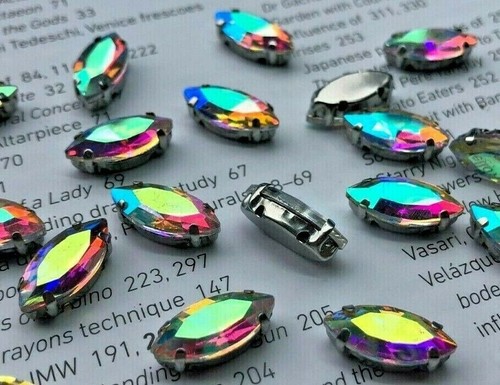20 Navette da cucire CLEAR AB artiglio vetro strass 15 x 7 mm in attacco argento - Foto 3 di 4