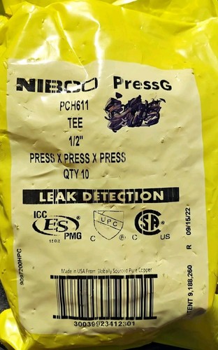 Qty (10) Nibco PressG PCH611 Tee, 1/2β, Press, Press, Press, Copper