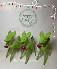 Wondershop Flocked Reindeer Green Retro Ornament Vintage 6.5 in Silver Tinsel