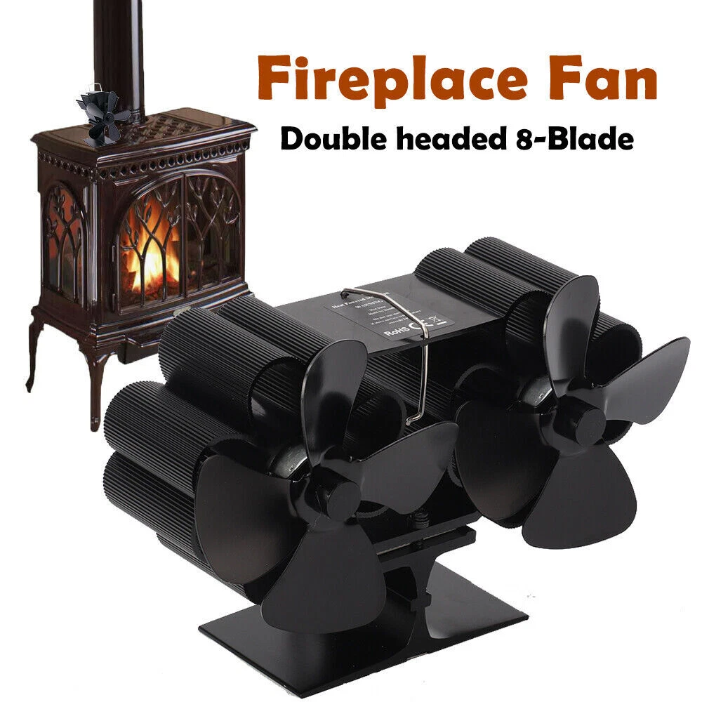Wood 8 Blade Fireplace Stove Fan, Non-Electric Dual Head Heat Powered 2 D4  | eBay