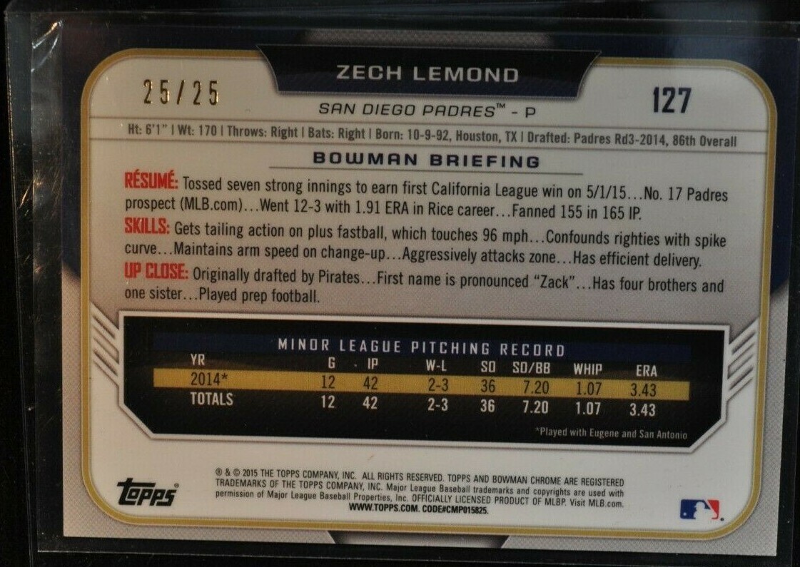 BB - 2015 - Bowman Chrome - Orange Refractor - Zech Lemond - 25/25