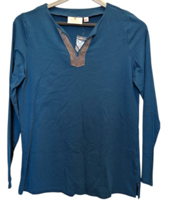 Quacker Factory T Shirt Small Teal Long Sleeve Beaded New
