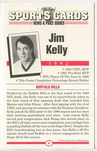 Tarjetas deportivas Allan Kaye's 1992 retrato postal #6 Jim Kelly Buffalo Bills - Imagen 4 de 4