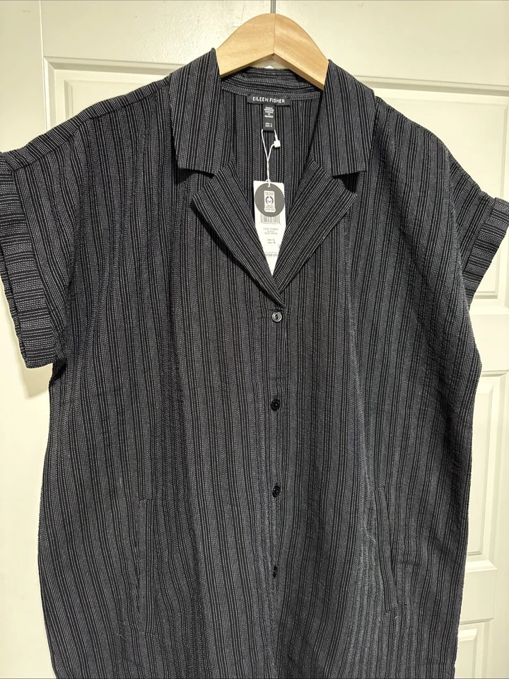 NUEVO CON ETIQUETAS Vestido Camisa Eileen Fisher Grande Negro Algodón Orgánico Muesca Cuello Bolsillos L Foto 3 de 4