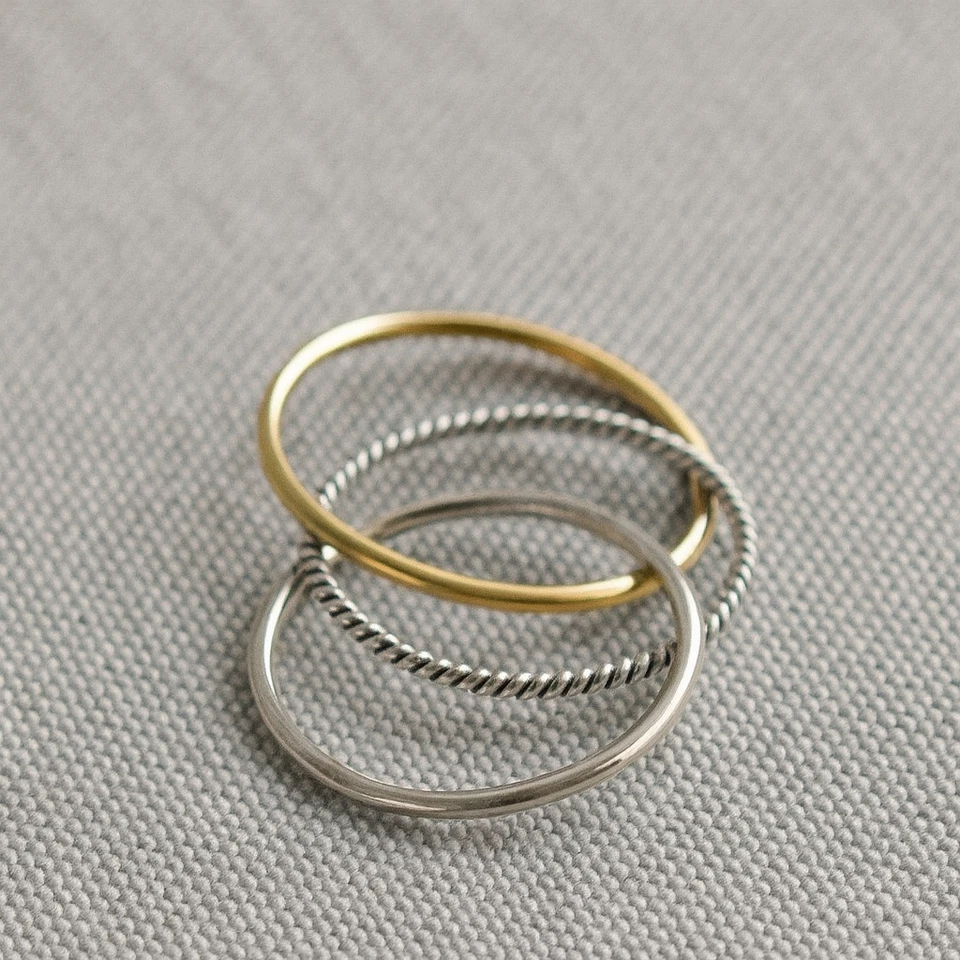 Triple ring set gold band, silver band, and rope twist ring perfect for everyday - Image 3 of 4