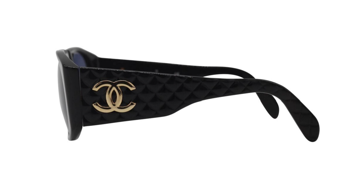 Auth CHANEL Coco Mark Quilted Matelasse Sunglasses Black Gray Gold
