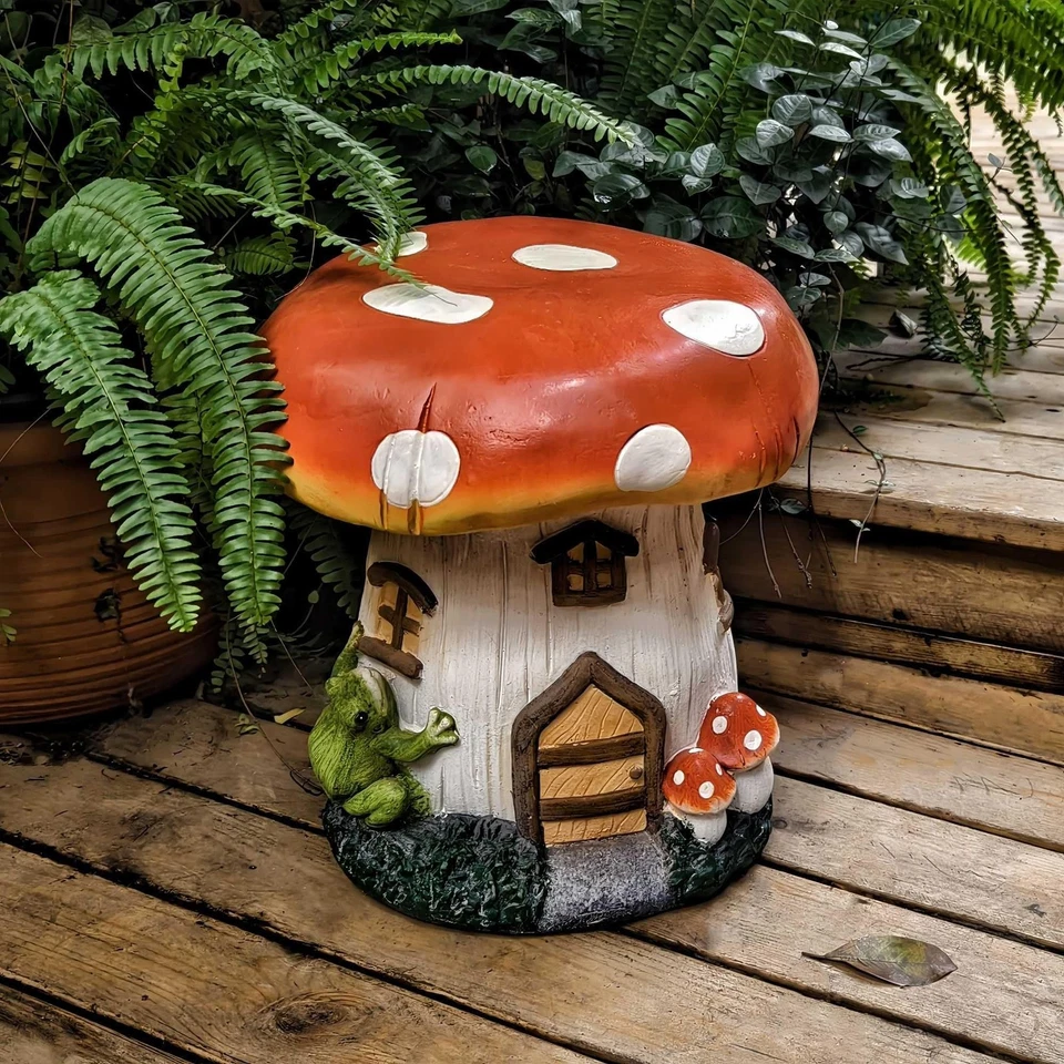 Estatua de casa de setas de 14"" H estatuas al aire libre taburete de resina de jardín de gran tamaño... Foto 4 de 4