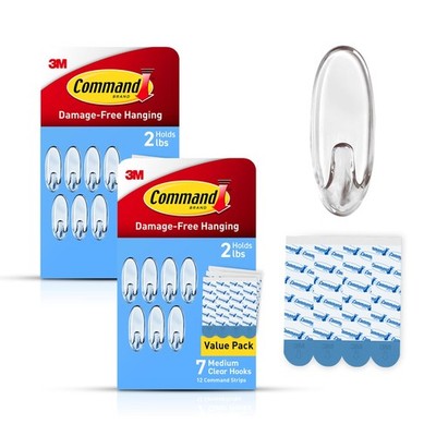 Clear Medium Hooks, 14 Hooks, 24 Strips, Damage-Free Organization, Wall Hangers