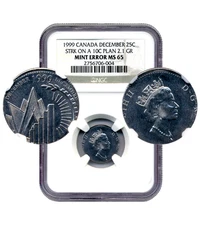 1999 Canada Commemorative 25 Cents, MINT ERROR, Struck on 10c Planchet, NGC MS65