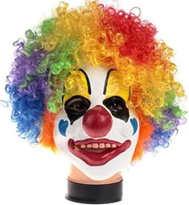 Latex Clown Mask with Colorful Hair Wig Red Nose Halloween Costume... 