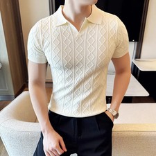 2025 Spring Summer New Men's Polo Collar Slim Fit Jacquard Knit Sweater - Stylis