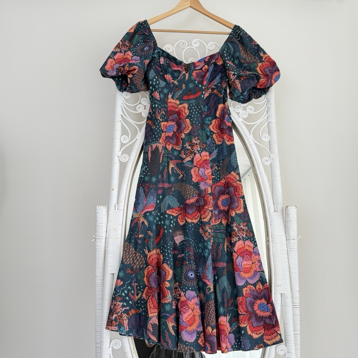 Farm Rio Dress Small Floral Midi Teal River Creatures Slit Midi Boho Puff Sleeve