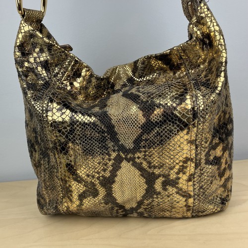 Michael Kors Women’s Gold Python Style Snakeskin Purse Hobo Bag - Picture 3 of 16