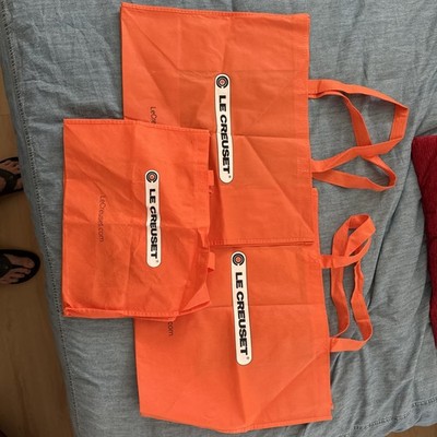 LE CREUSET (3) BAGS.  Orange Eco-Friendly Reusable Shopping Gift Bag Tote. 