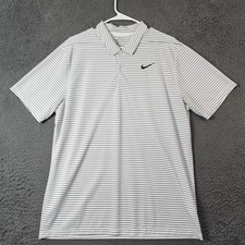 Nike Polo Shirt Mens Medium White Black Striped Dri-FIT Golf Athletic Casual