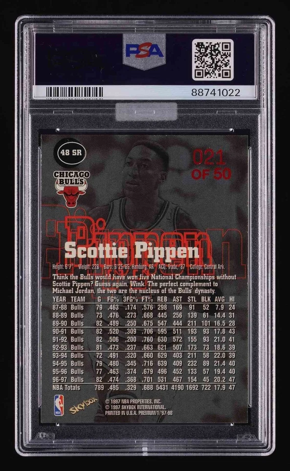 Scottie Pippen 1997 Skybox Premium Star Rubies /50 #48 PSA 8 MBA Gold Pop 2 - Image 3 of 3