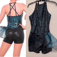 Dance Costume jazz teal black dress sequin J4955 Adult Small SA