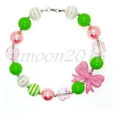 Fashion Women Pretty Pink Bow Chunky Beads Kids Gumball Bubblegum Necklace Gift
