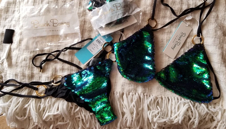 СОВЕРШЕННО НОВЫЙ BEACH BUNNY БИКИНИ СИРЕНА ПЕСНЯ БЛЕСТКИ ЗЕЛЕНЫЙ БОЛЬШОЙ 2ШТ НАБОР ВСЕХ РАЗМЕРОВ - Изображение 2 из 4