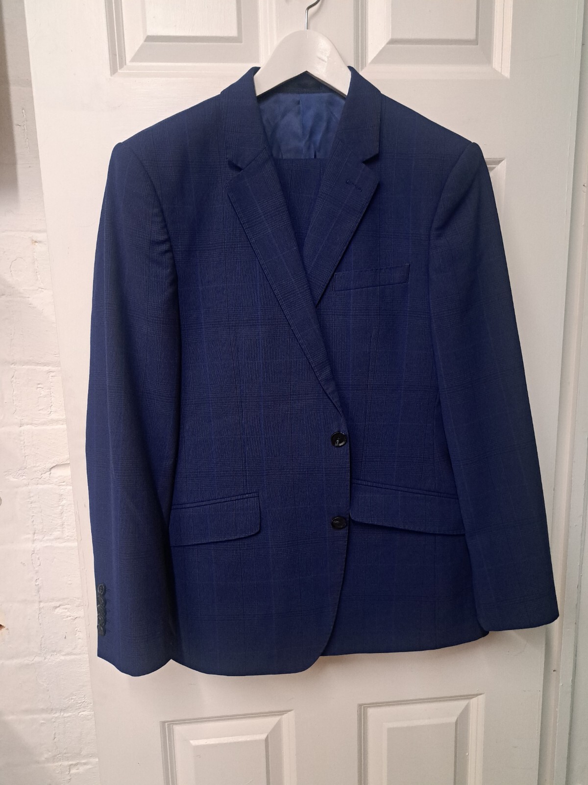 Tuta TM Lewin blu navy a quadri UK 38 corta Savile fila lana 2 pezzi London Jermyn