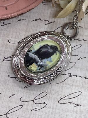 Silver Raven Black Crow Locket Necklace Pendant Gothic VALENTINE Wedding Jewelry