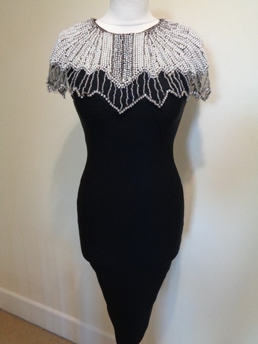 ROBERTA BLACK BODYCON DRESS WITH PEARL, DIAMANTE AND BEAD COLLAR - SIZE SMALL