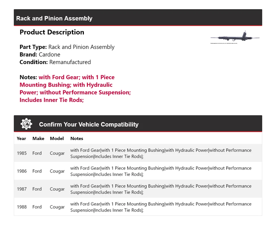Conjunto de piñón y cremallera para Ford Cougar 1985-1988 Cardone 1986 1987 Foto 2 de 4
