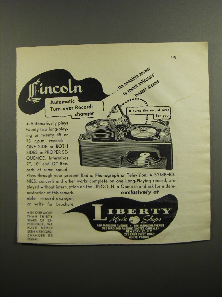 1952 Liberty Music Shops Lincoln Record Changer Ad eBay