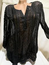 ❤️Solitaire by Ravi Khosla Blouse XL Black Embroidered Sheer Floral & Lace NWT
