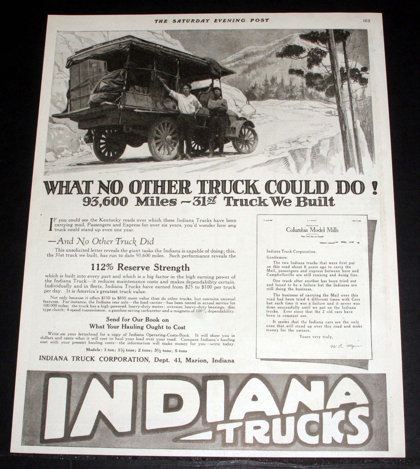 1918 OLD MAGAZINE PRINT AD, INDIANA, WHAT NO OTHER TRUCK COULD DO