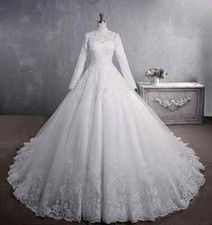 Luxury Muslim Wedding Dresses High Neck Long Sleeve Lace Applique Bridal Gowns