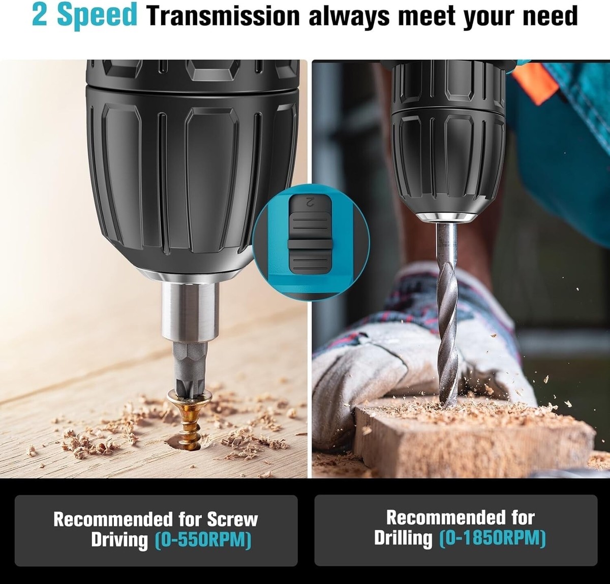 Trapano Avvitatore A Batteria 21V BETENST – 42 N.m, 2 Velocità, Mandrino Autoserrante 10mm, Kit Con 23 Accessori