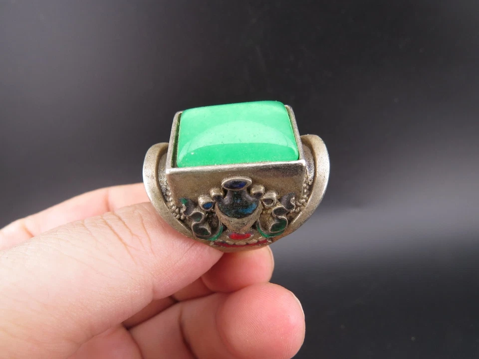China, jade, plata pura, jade natural, incrustación de jadeíta, anillo raro, banzhi L (807) Foto 3 de 4