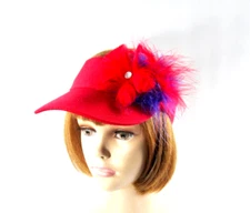 Red Sun Visor Hat Women's Feather Flower Crystal Adjustable Society Ladies