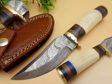 DAMASCUS SURVIVAL CAMPING TACTICAL BLADE HUNTING BOOT DAGGER KNIFE  BONE GRIP 