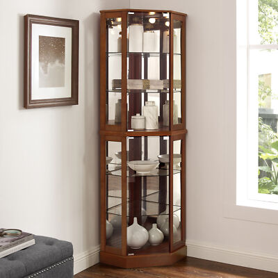 Lighted Wooden Curio Corner Display Cabinet w/Adjustable Tempered Glass Shelves