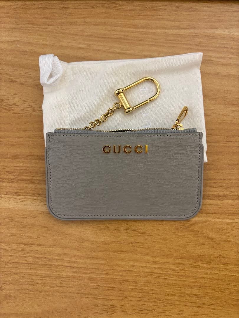 Gucci Script Zip Key Case Coin Case Gray Leather … - image 3