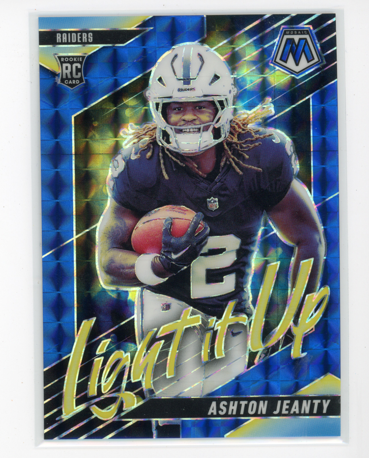 2025 Panini Mosaic Ashton Jeanty RC Rookie Blue Light It Up Prizm #76/99 (RC)