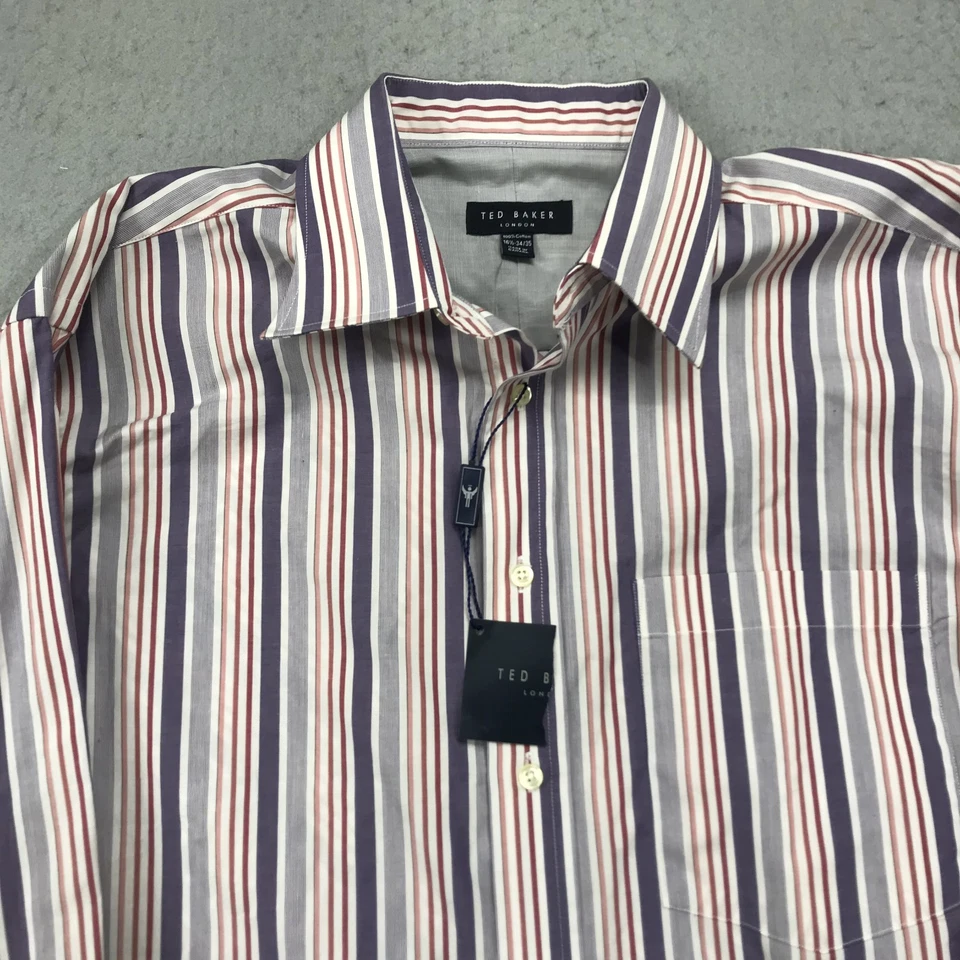 Camisa Ted Baker Para Hombres 16 1/2 34 35 Púrpura Rojo Rayas Vestido Algodón Canadá Nueva con Etiquetas Foto 2 de 4
