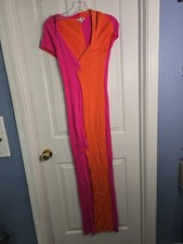 Fashionnova Hot Pink Orange Dress, Short Sleeve, Slit In Skirt, XL