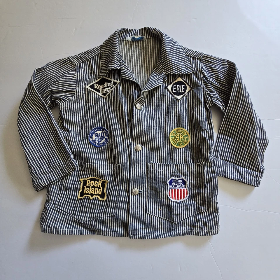 VTG 50s 60s Sarah Konel Train Conductor Outfit Childs 5-7? Striped Patches Denim - Image 2 of 4