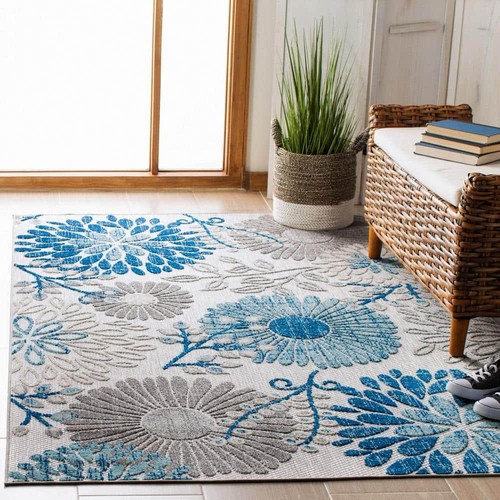 Cabana Gray/Blue 9 ft. x 12 ft. Floral Leaf Indoor/Outdoor Patio Area Rug - Picture 11 of 12