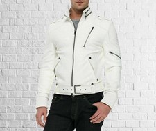 Edge Style Mode Mens White Zipper Leather Handmade Jacket With Attitude Edge Style Mode Mens White Zipper Leather Handmade Jacket With Attitude
