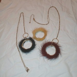 Authentic 2 Gold Plated Fine Bamboo Necklaces With 3 Faux Fur Pendants Long