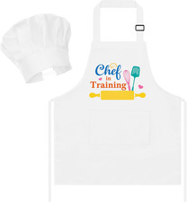 Kid Apron and Chef Hat Set 2Pcs Adjustable Children White Kitchen Apron Dress up