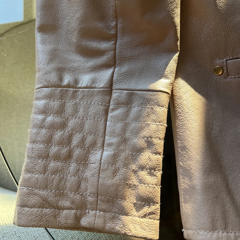 Leather Jacket Blush Pink Neiman Marcus Size Large Rose Gold Zip Quilted Cuffs - Image 2 of 4