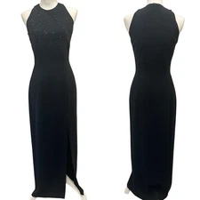 Vintage 1990s Ann Tjian Kenar Black Beaded Halter Evening Gown Formal Cocktail