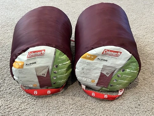 Coleman Alpine 50°F Sleeping Bag Red Termotech Zip Machine Washable lot of 2!