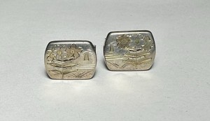 Sterling Cufflinks Asian Scene; Pagoda, My. Fuji, Cherry Blossoms